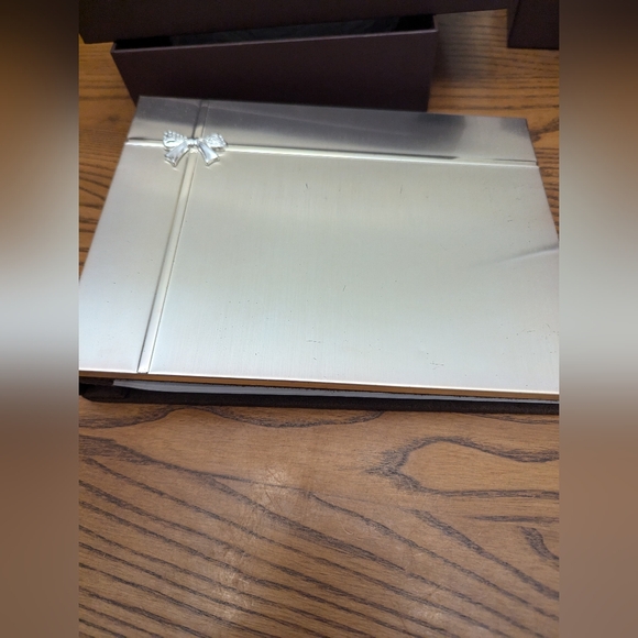 READ .Papyrus Guest book and pen with stand set.  Silver tone with Brown velour. - Picture 5 of 11